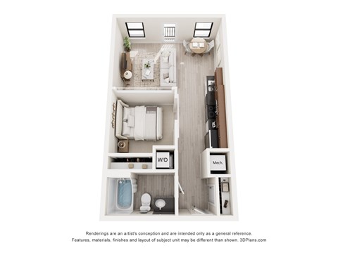 A 3D floor plan of a small apartment with a kitchen, living room, and bathroom.